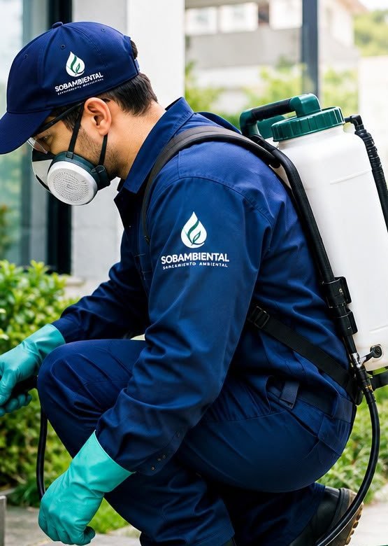 Técnico de SOBAMBIENTAL realizando control de plagas en Bogotá