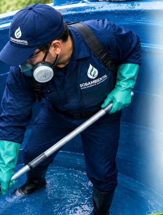 Técnico de SOBAMBIENTAL lavando y desinfectando un tanque de agua en Bogotá